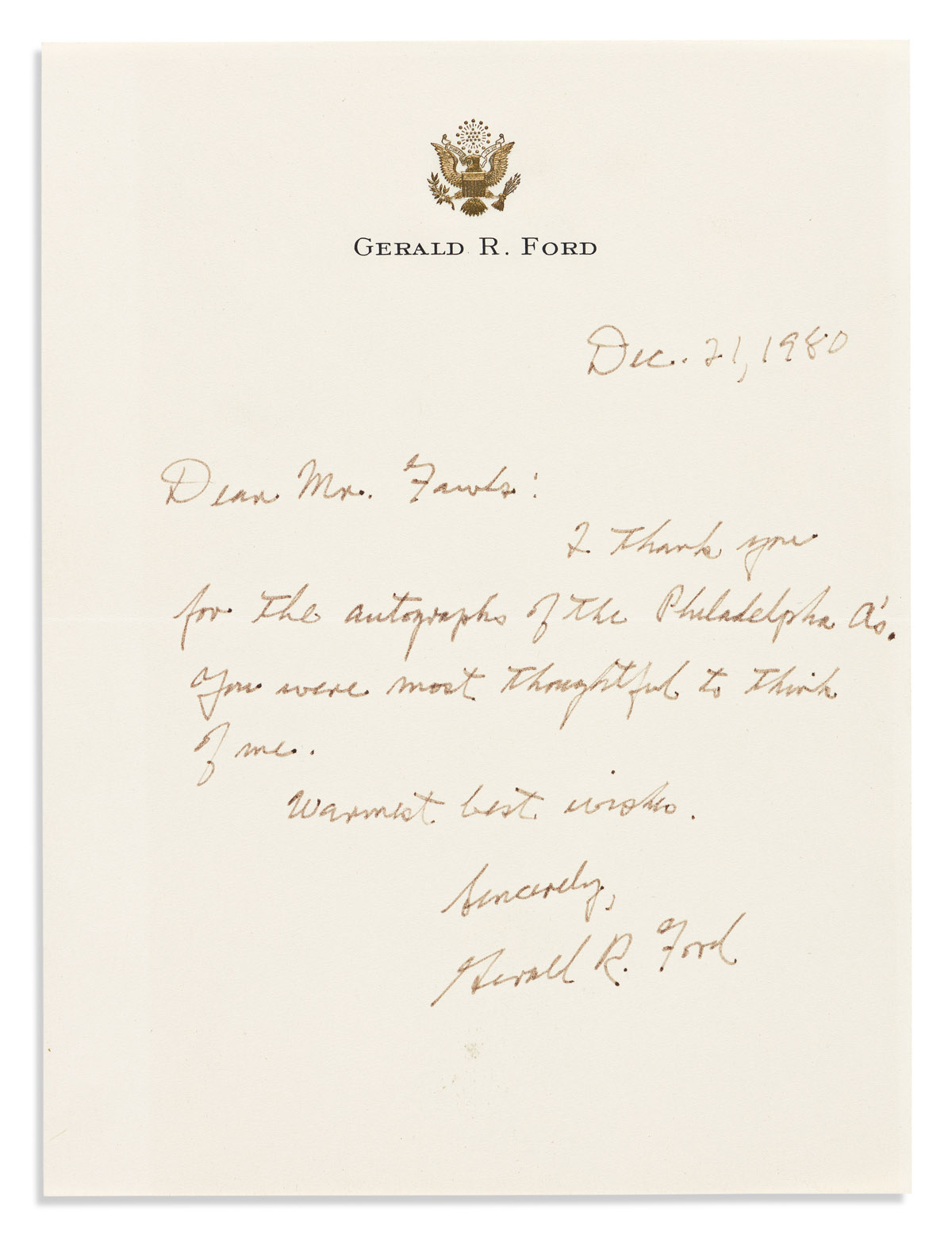 FORD, GERALD R. Autograph Letter Signed, to Dear Mr. Fawls,